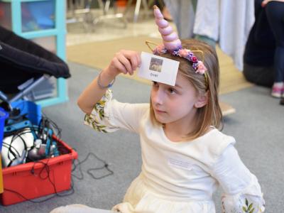 image of girl with a card on her head